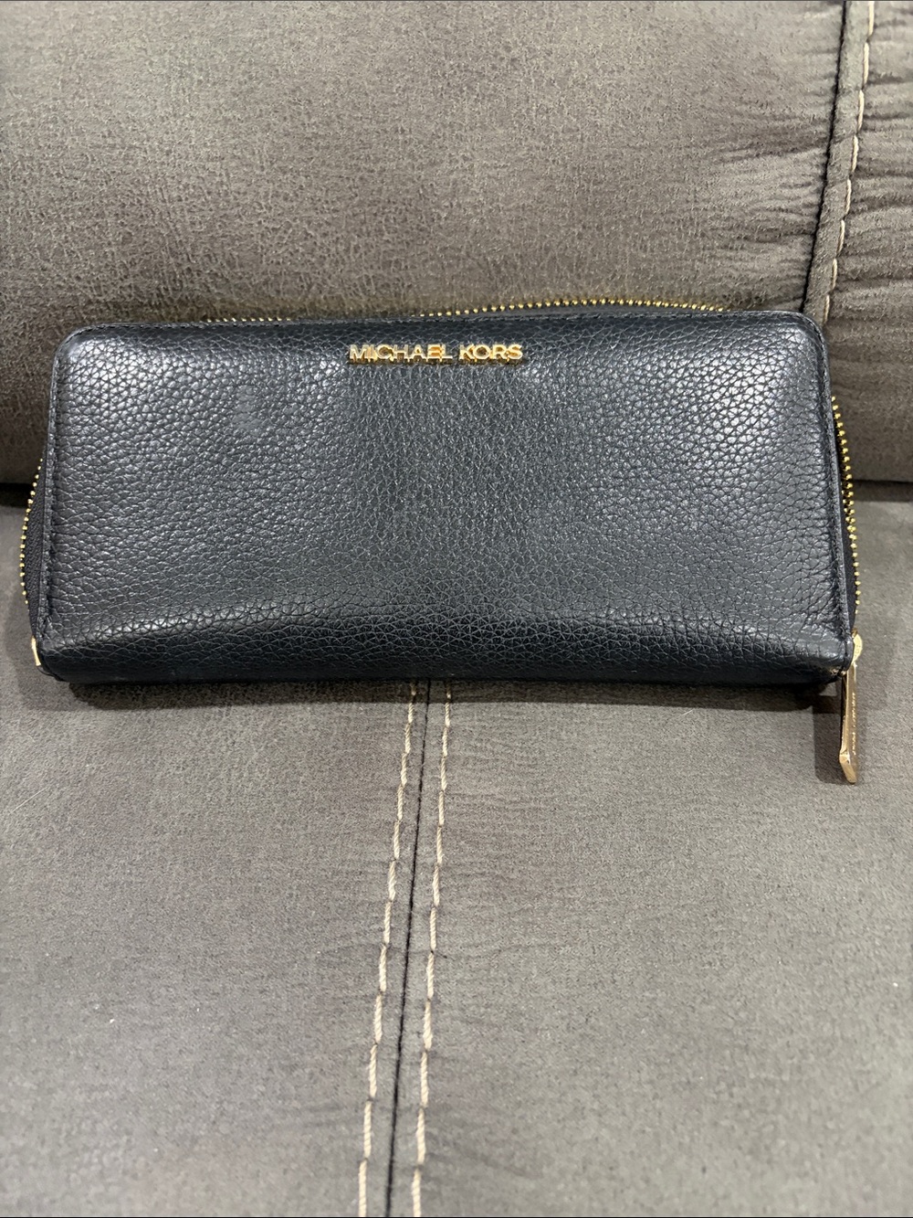 Michael Kors Black Pebbled Leather Zip Wallet with Gold Hardware